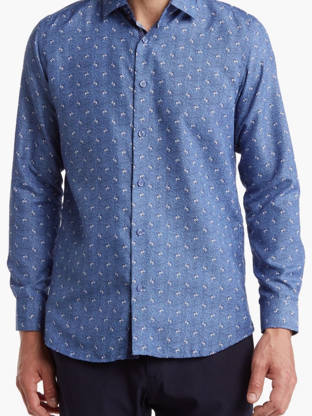 Slim Fit Blue Printed Long-Sleeve Button-Down Shirt